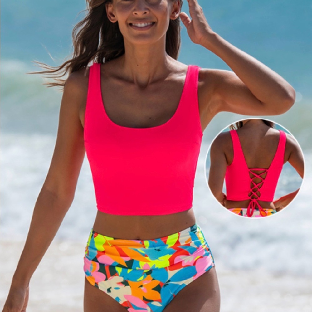 Popvil Women’s Neon Pink Tank Bikini Top - Bright Pink Swim Crop